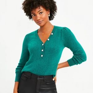 LOFT puff sleeve emerald green henley sweater with jeweled buttons